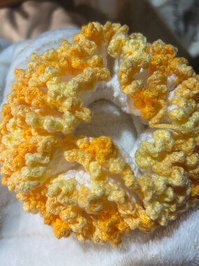 Hand Crafted Cream and Yellow Crocheted Ruffle Hair Scrunchie